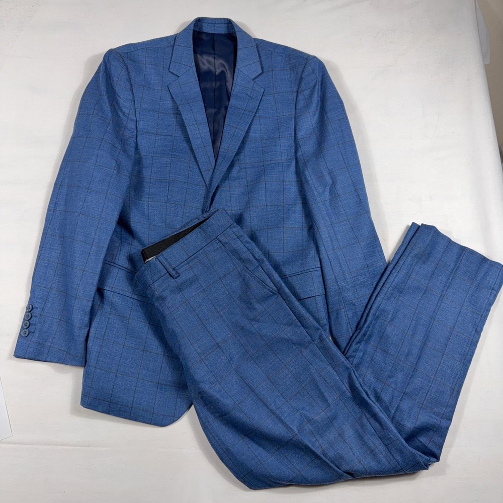 Alain Dupetit Men Blue Plaid Windowpane 2 Piece Suit 38R 32W Tetron Rayon Slim